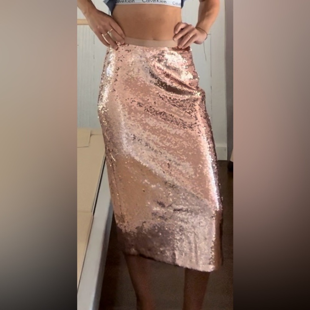 Cami rose gold midi length sequined skirt